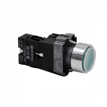 Кнопка  плоская зеленая с подсветкой, 220V AC/DC, 1NO, IP67, металл