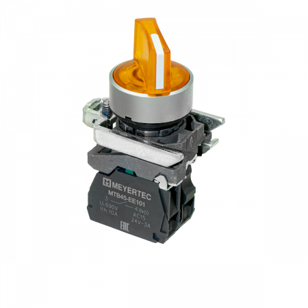 Переключатель  на 3 положения с фиксацией и подсветкой, желтый, 1NO, 220V AC/DC, IP65, металл