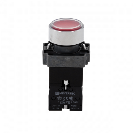 Кнопка плоская красная с подсветкой, 220V AC/DC, 1NС, IP67, металл